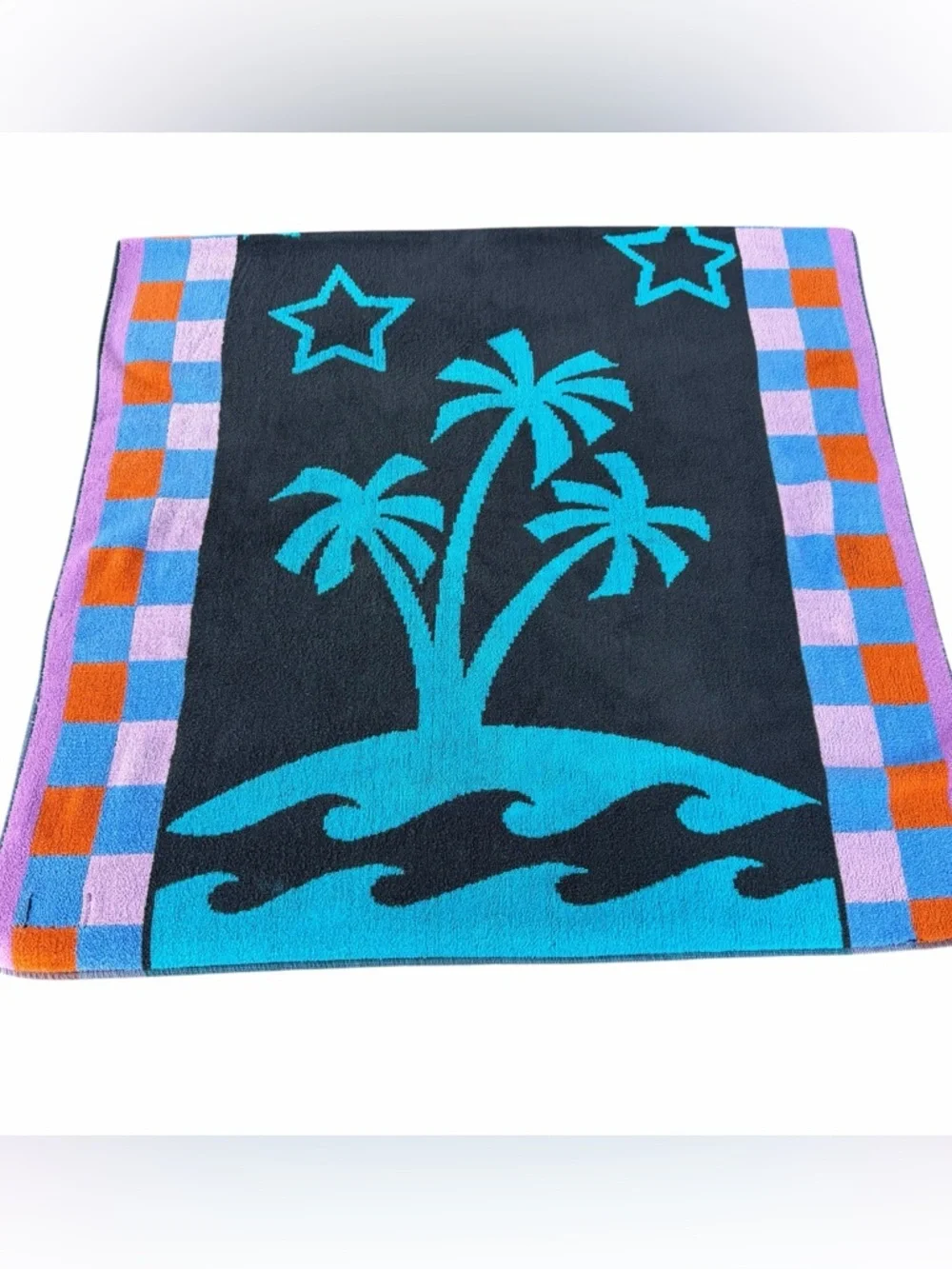 VTG Island Fun Neon Sign Style Beach Towel Palm Trees Celestial Stars 30x60 Nice